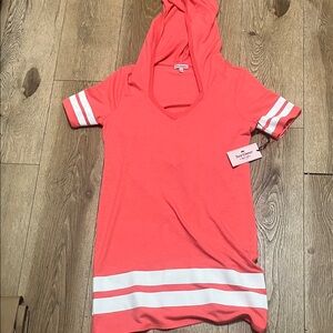 Juicy Couture Coral Pink Hooded Mini Dress with White Stripes